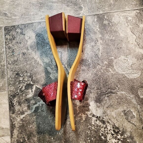 Vintage 90s y2k Wood Floral Beaded Satin Block Heel Slide Sandals 8 - Picture 3 of 8